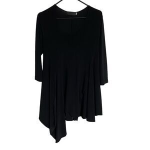 SYMPLI Black Tunic Top Sz 12 Stretch Travel Asymmetrical Neckline Hem 3/4 Sleeve